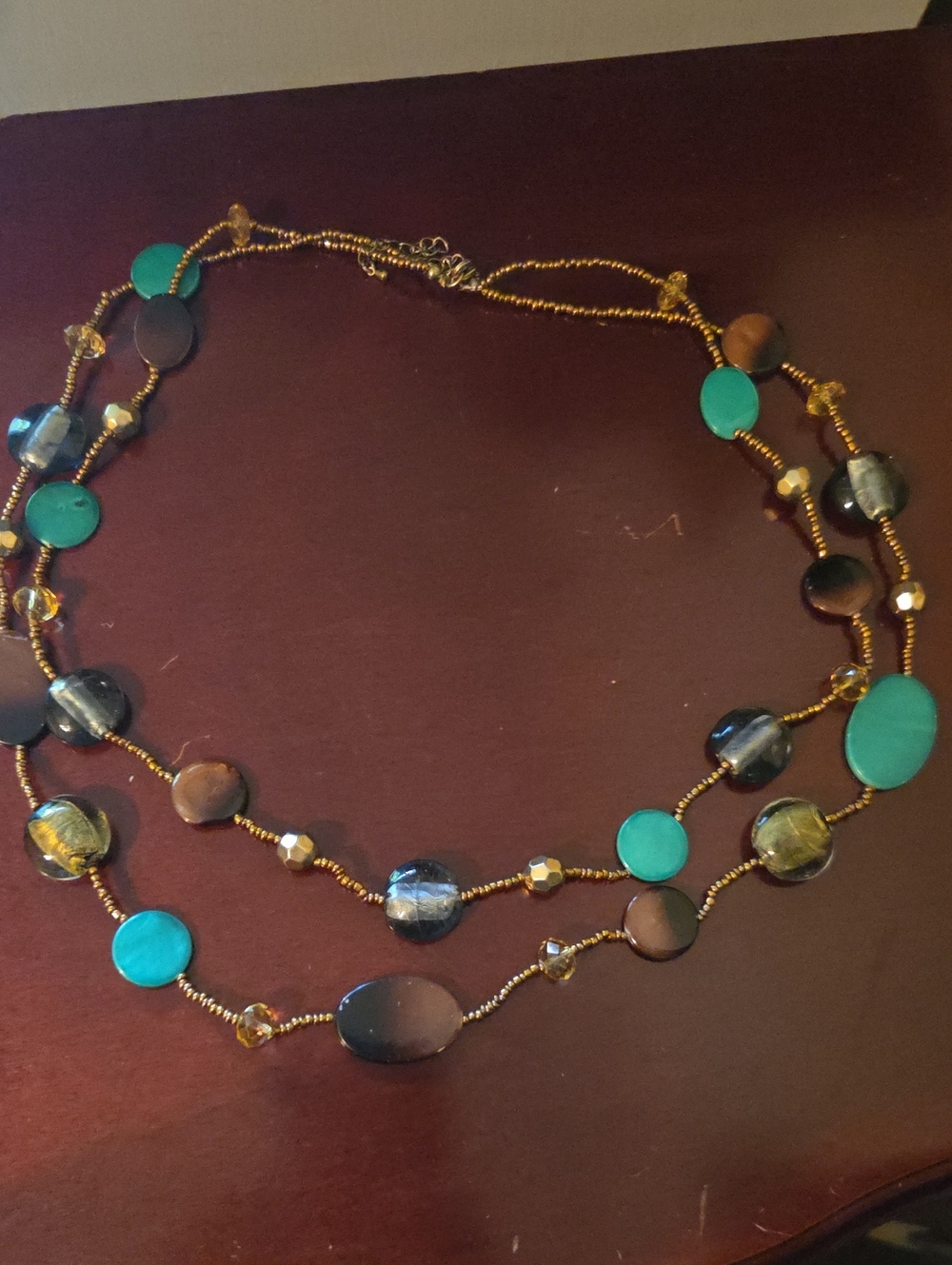 Gold Multi-Strand Necklace with Turquoise and Black Beads